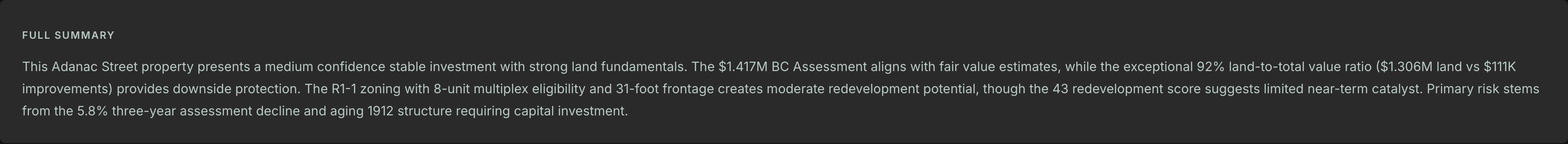 AI-generated full summary paragraph describing the property's investment case